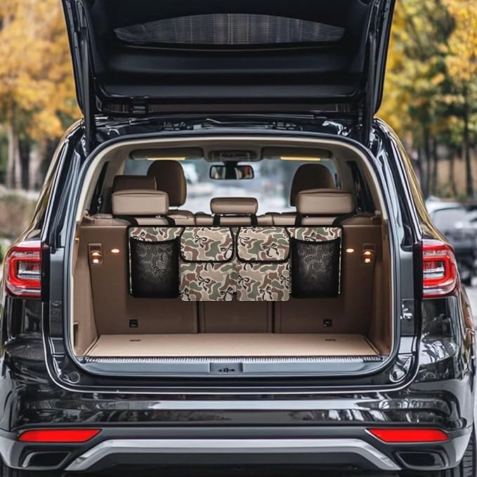 Bow Camo Hunting Car Trunk Organizer Foldable Vehicle Interior Cargo Organizers Accessories Waterproof Collapsible Car Storage Bag with 4 Pockets for Cars Sedans SUVs