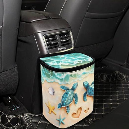 Talayituse Turtle Starfish Heart Beach Print Car Trash Can with Lid, Leak Proof Auto Trash Bag Hanging Vehicle Garbage Can Multipurpose Storage Container for Back Seat Road Trip