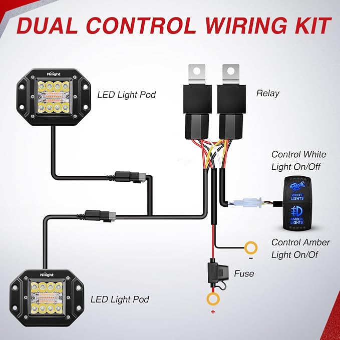 Nilight Flush Mount LED Light Pods 2PCS 42W Amber White 3 Lighting Modes Fog Lights Spot Flood Combo Beam with Dual Control 18AWG Wiring Harness for Truck Pickup Golf Cart UTV ATV SUV Boat 4x4 Car