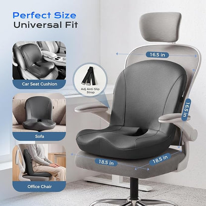 Coverado Car Seat Cushion and Lumbar Support Pillow One Piece, Napa Leather Memory Foam Ergonomic Back Support Driving Seat Cushion for Back Pain, Non-Slip Washable Cushion for Car, Driver, Office