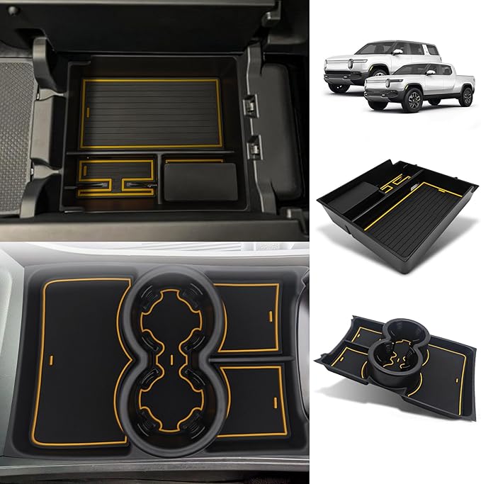 BestEvMod Upgraded V3 Armrest Storage Box and Cup Holder Lower Center Console Organizer Tray with PVC Trim Removable Coin Holder Compatible with Rivian R1T/R1S 2022-2024 (V3 Console+Lower Tray Yellow)