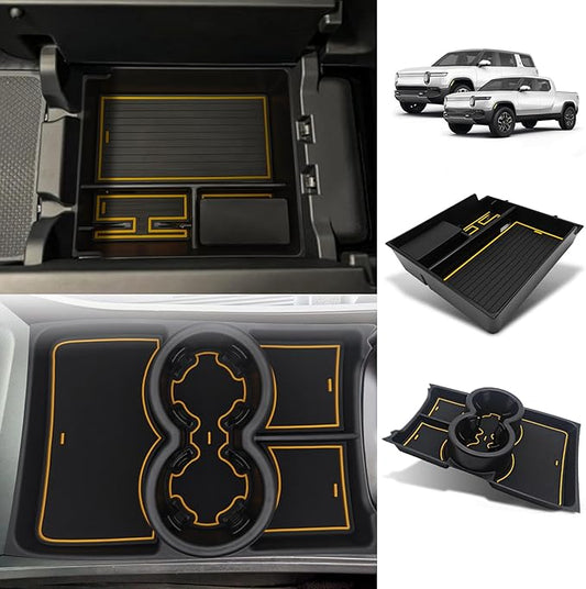 BestEvMod Upgraded V3 Armrest Storage Box and Cup Holder Lower Center Console Organizer Tray with PVC Trim Removable Coin Holder Compatible with Rivian R1T/R1S 2022-2024 (V3 Console+Lower Tray Yellow)