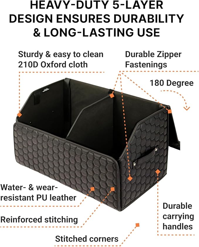 Owleys Trunk Organizer For Car - Collapsible Storage Bins - Keep Groceries, Sports Gear & Tools Secure On Road Trips - Best Gifts for Men - Heavy Duty Cargo Tote (Black 21.6)