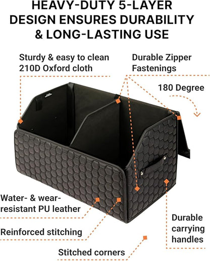 Owleys Trunk Organizer For Car - Collapsible Storage Bins - Keep Groceries, Sports Gear & Tools Secure On Road Trips - Best Gifts for Men - Heavy Duty Cargo Tote (Black 21.6)