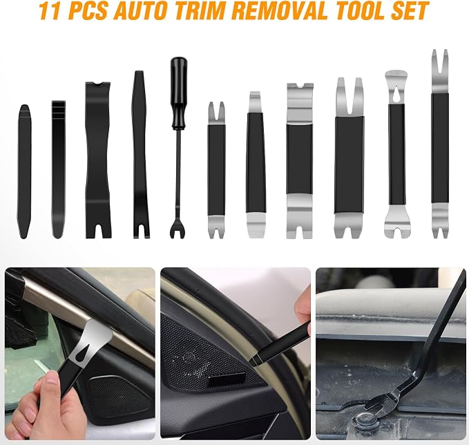 GOOACC 11PCS Trim Removal Tool Kit, Metal & Nylon Pry Tools Set for Car Door Panel, Dashboard, Audio, Clips, Fastener Remover w/ Storage Box – Black