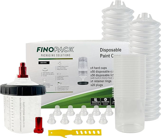 ENDOZER Disposable Paint Cup 50 Pack 20 Ounce(600ML) Mixing Cups for Automotive Spray Gun with 50 Liners and Lids System, 1 Hard Cup with Retainer Ring, 20 Plugs, 2 Adapters for Paint Gun
