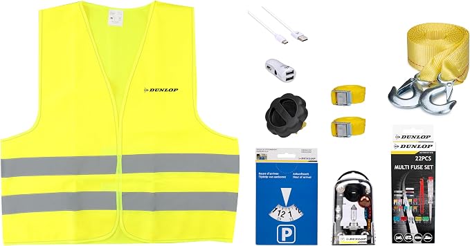 DUNLOP Car Set - Includes Safety Vest, Traction Cable, Clamping Strap and Parking Disc, Plus a Set of Car Fuses