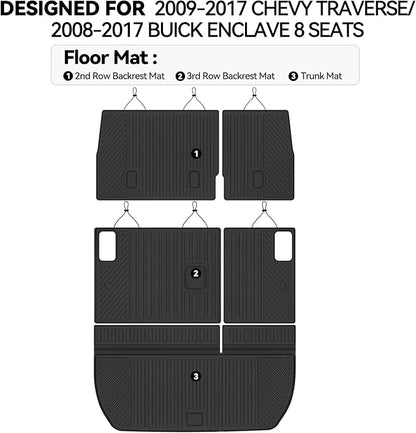 Cargo Mat for 2009-2017 Chevy Traverse/2008-2017 Buick Enclave 8 Seats, Trunk Mat and 2nd&3rd Backrest Mat All Weather TPE Protector for Chevy Traverse Accessories