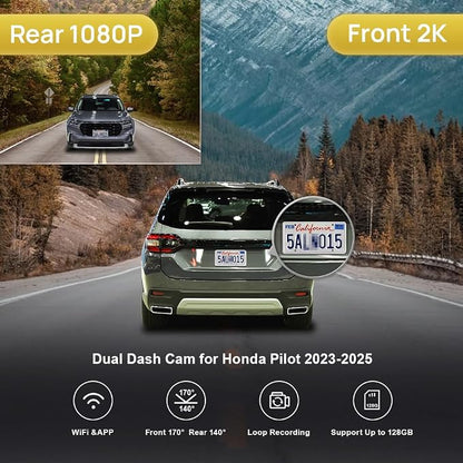 Fitcamx Front 2K+Rear 1080P Dash Cam for 2023-2025 Honda Pilot EX-L Touring Elite Sport Trailsport LX Black Edition, OEM Look, Dual Loop Recording, WiFi & APP, G-Sensor, Easy to Set, 64GB Card