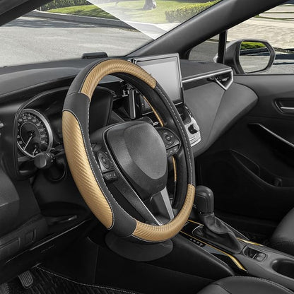 SEG Direct Steering Wheel Cover for Car, Standard Size 14.5-15 inch, Auto Interior Accessories, Black with Golden Carbon Fiber Pattern