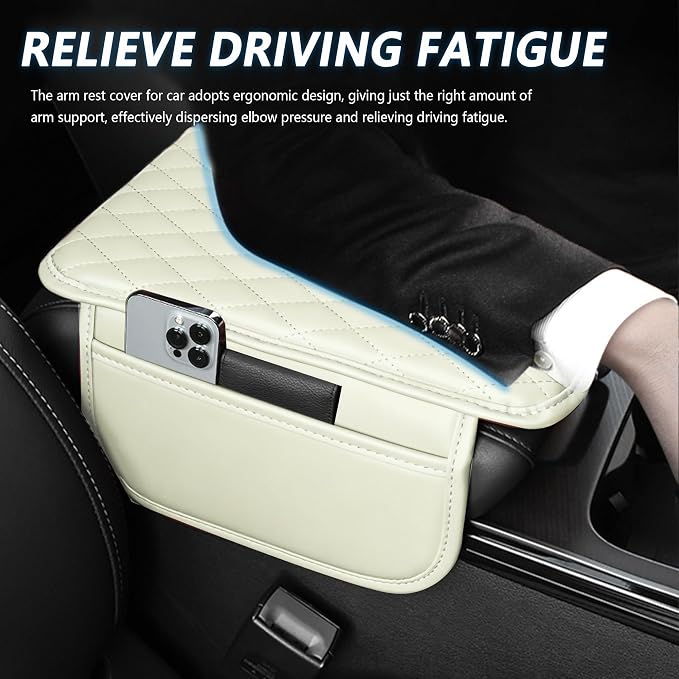 Stacool Upgraded Car Center Console Cover,Microfiber Leather Car Armrest Cover Cushion with 2 Storage Bags,Universal Car Armrest Storage Box (Cream)
