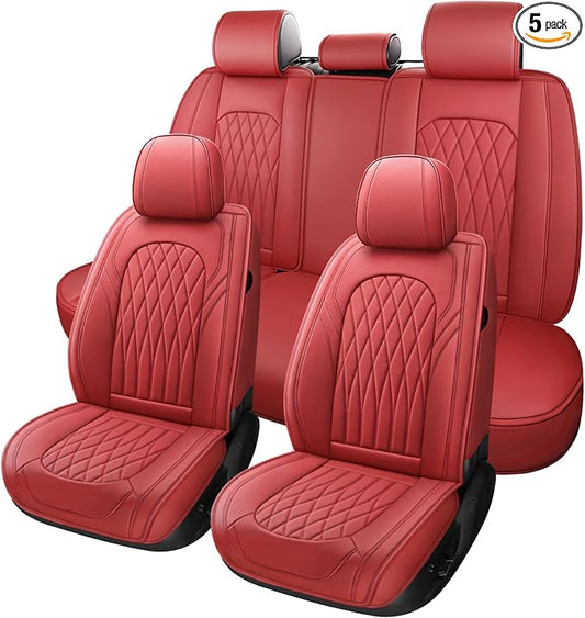 WELLDO Nappa Faux Leather Car Seat Covers Full Set, Burgundy | Waterproof, Non-Slip Seat Protector, 0.28in Thickened Cushion, Airbag Compatible, Universal for Cars SUV Truck Pickup