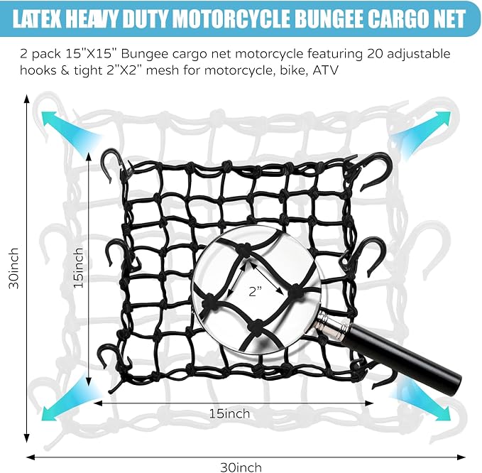 2 Pack 15"X15" Motorcycle Cargo Net Stretches to 30"x30", 2"x2" Tight Mesh,Total 20 Hooks, Cargo Nets for Motorcycle Luggage Bike Basket, Luggage Rack ATV Rack Snowmobile Cargo Helmet Net