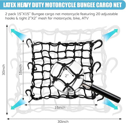 2 Pack 15"X15" Motorcycle Cargo Net Stretches to 30"x30", 2"x2" Tight Mesh,Total 20 Hooks, Cargo Nets for Motorcycle Luggage Bike Basket, Luggage Rack ATV Rack Snowmobile Cargo Helmet Net