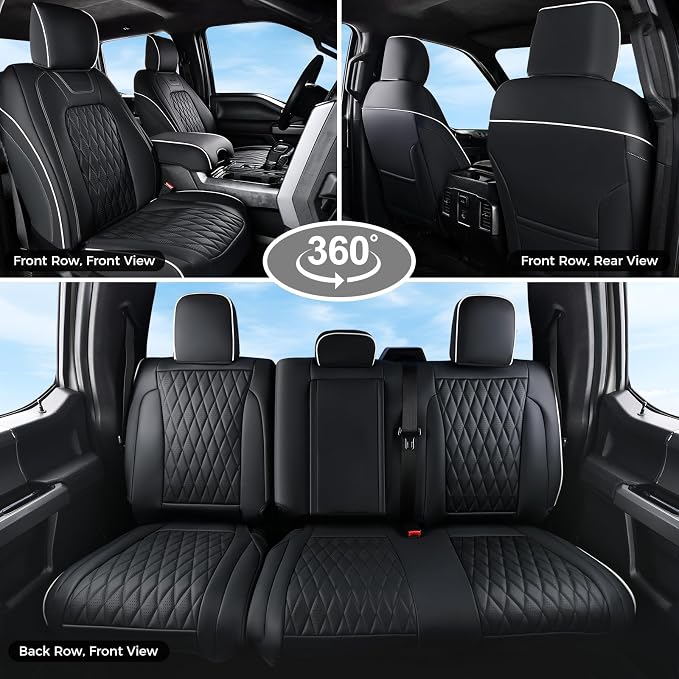 Coverado Premium Leather Full Set Seat Covers Waterproof Heavy-Duty Protectors Custom Fit for Ford F150 (2015-2026) F250/F350/F450 (2017-2026)-Black w/White Stitching, Wear-Resistant