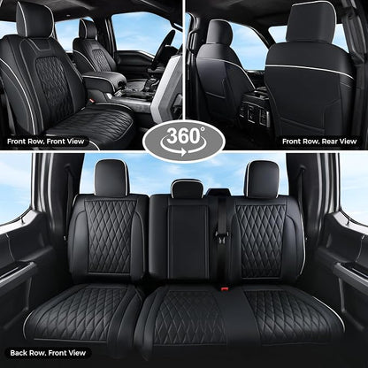 Coverado Premium Leather Full Set Seat Covers Waterproof Heavy-Duty Protectors Custom Fit for Ford F150 (2015-2026) F250/F350/F450 (2017-2026)-Black w/White Stitching, Wear-Resistant