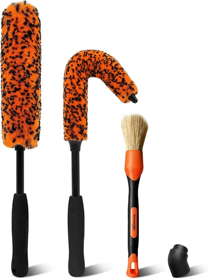 YeewayVeh 3PCS Quick Car Wheel Brush Kit, 2-Size 360° Bendale Rim Cleaner Brushes, Boars Hair Detailing Brush, Fast Scratch-Free Cleaning for Car Wheels, Motorcycle, Orange