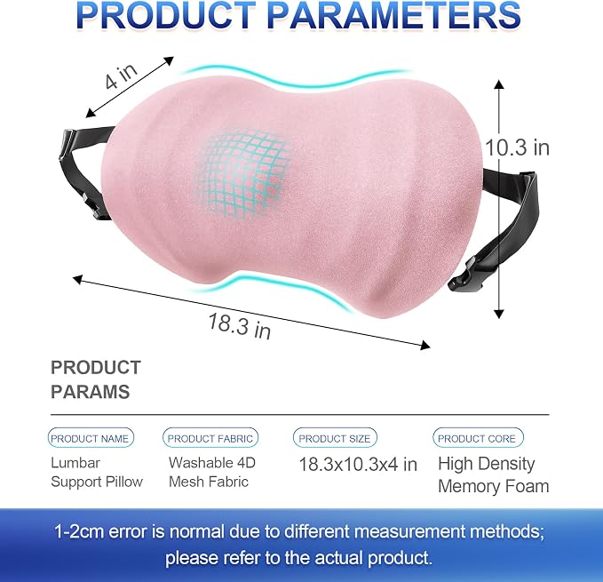 Lumbar Support Pillow, Ergonomic Back Cushion for Office Chair with Adjustable Straps & Detachable Breathable Cover,Memory Foam Car Lumbar Pillow, Back Support Pillow for Car, Office,Bed Rest(Pink)