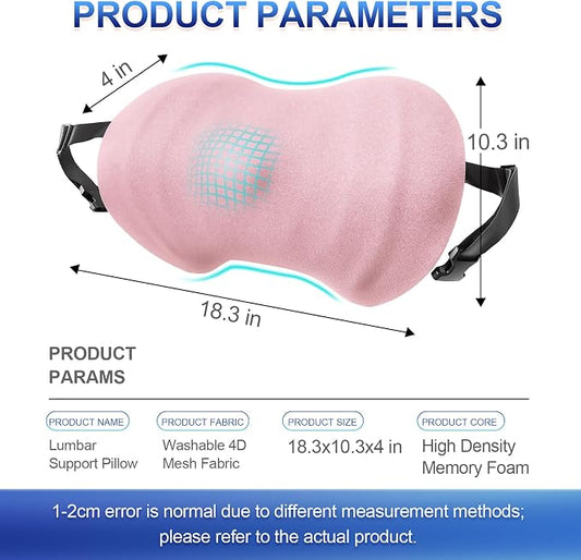 Lumbar Support Pillow, Ergonomic Back Cushion for Office Chair with Adjustable Straps & Detachable Breathable Cover,Memory Foam Car Lumbar Pillow, Back Support Pillow for Car, Office,Bed Rest(Pink)