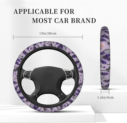 Car Steering Wheel Cover with Anti-Slip Lining, Universal 15 inch Wheel Cover, Fashion Car Interior Accessories for Women Men - Purple Lavender Flower