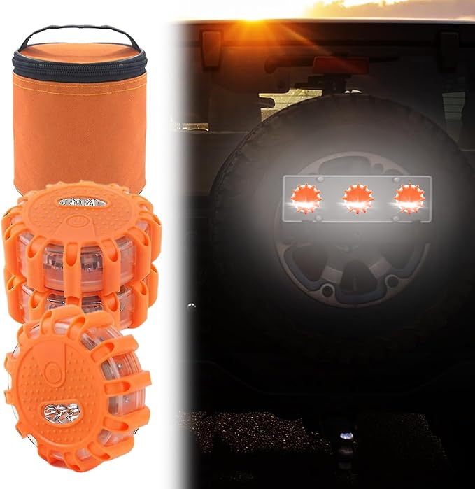 Led Road Flares - Roadside Safety Beacon Disc, Magnetic Road Safety Lights, Flashing Warning Flare Kit with 9 Modes | Waterproof Beacon Disc Pack for Car Vehicles Truck Boats Security