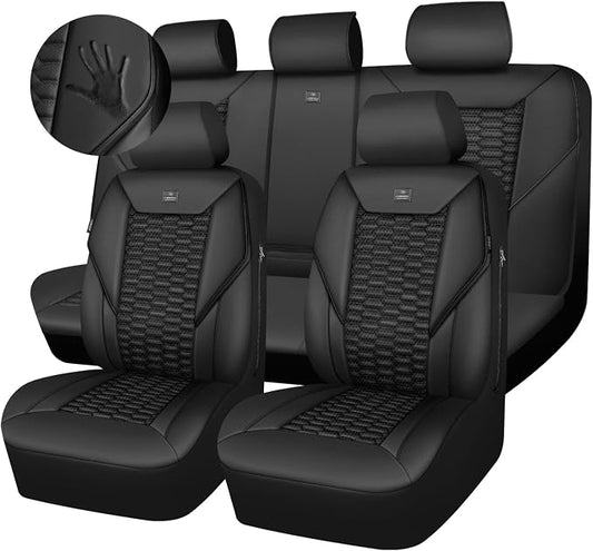 CAR PASS 3D Foam PU Leather Car Seat Covers Full Set,Luxury Breathable Faux Leather Seat Covers for Car,Anti Slip Universal Fit for SUVs Vans Sedan Truck Automotive,Armrest Airbag Compatible All Black