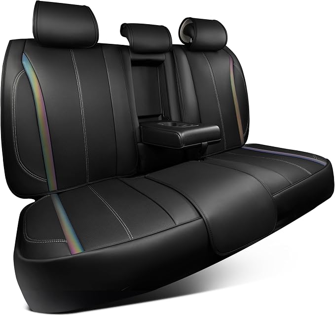 CAR PASS Back Seat Covers, Nappa Leather Rear Seat Bench Cushion Waterproof Breathable Back Row Protector Universal Fit for Car Sedan SUV Pickup Truck, Back Rear Black Chameleon Iridescent Reflective