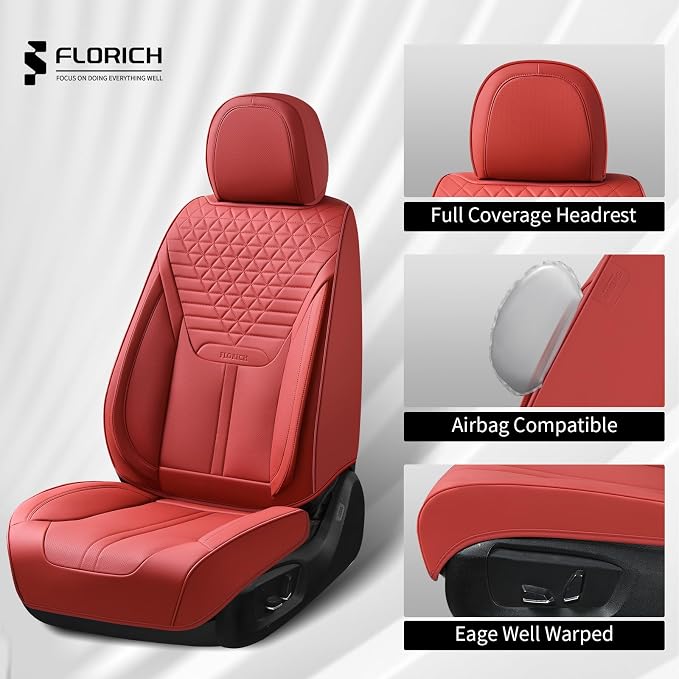 FLORICH Car Seat Covers for Front Seats, Universal Seat Cushion 2 Seats, Car Seat Protector Waterproof, Premium Leather Automotive Seat Covers for Most Cars, Sedans, SUVs, and Trucks-Red