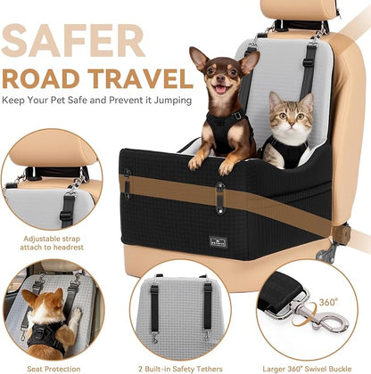 PETSFIT Dog Car Seat for Small/Medium Dogs Up to 35 lbs – Patented Safety System, 5" Memory Foam Pet Booster Car Seat, Fully Detachable and Washable Dog Carseat with 2 Storage Pockets (Black & Grey)