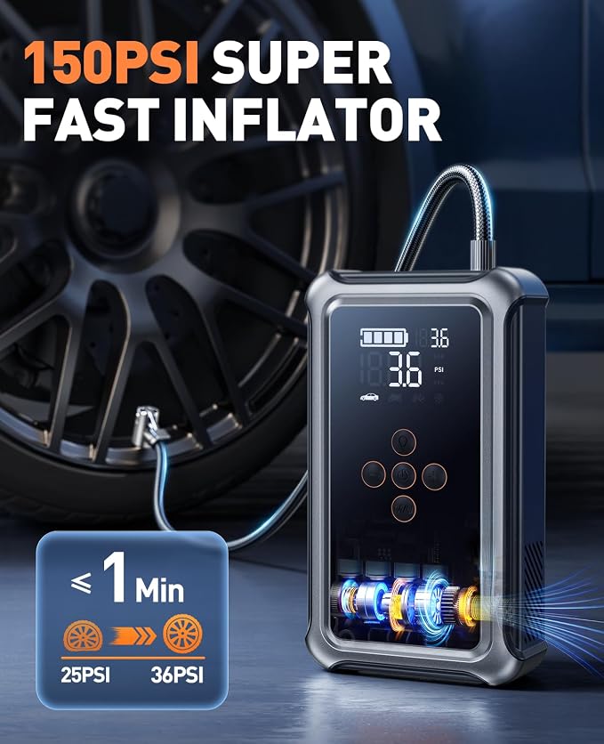 Jump Starter with Air Compressor, 5000A Portable Car Battery Jumper Starter(All Gas/10L Diesel) with 150PSI Auto-Shutoff Tire Inflator, 12V Jump Box