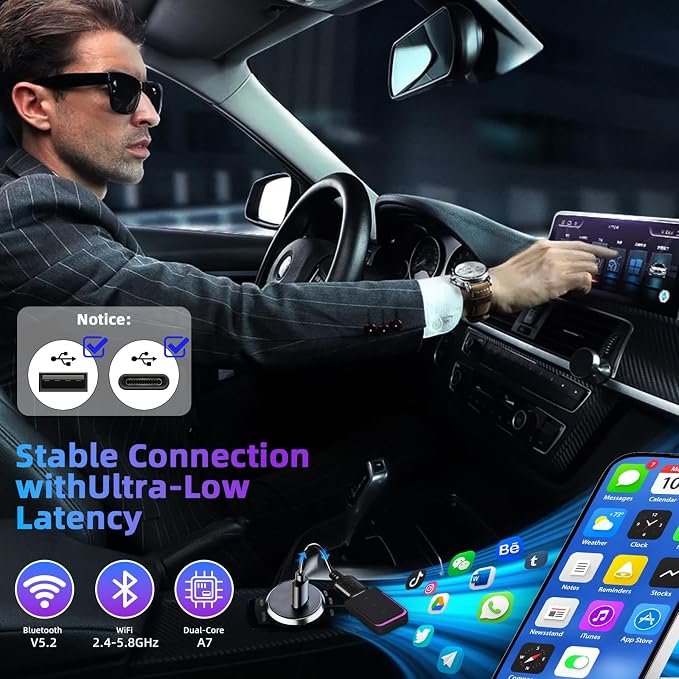 Mini Wireless Carplay Adapter for iPhone & Android, Plug and Play Low Latency Convert Wired to Wireless CarPlay Dongle for Cars with USB-A/C, Compatible with Cars from 2016 and iOS 10+/Android 11+