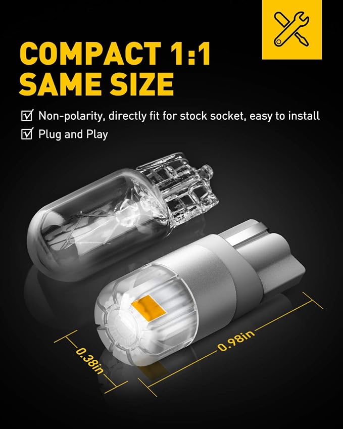 AUXITO 194 LED Bulbs Amber Yellow, Super Bright 1:1 Size, 168 175 2825 W5W T10 Car Bulbs for Dome Map Door Courtesy License Plate Lights Parking Side Marker Cornering Trunk Lights (Pack of 2)