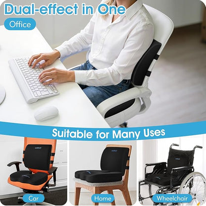CushZone Ergonomic Seat Cushion & Lumbar Support Pillow - Memory Foam for Sciatica Pain Relief & Posture Correction, Non-Slip Chair Cushions for Office Chair/Car/Wheelchair/Travel (Black)