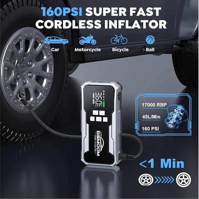 Jump Starter with Air Compressor 7000A 160PSI Portable Car Battery Jump Starter (All Gas/10L Diesel),12V Portable Booster Pack with Jumper Cables, Fast Charging, Emergency Light