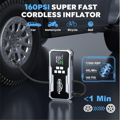 Jump Starter with Air Compressor 7000A 160PSI Portable Car Battery Jump Starter (All Gas/10L Diesel),12V Portable Booster Pack with Jumper Cables, Fast Charging, Emergency Light