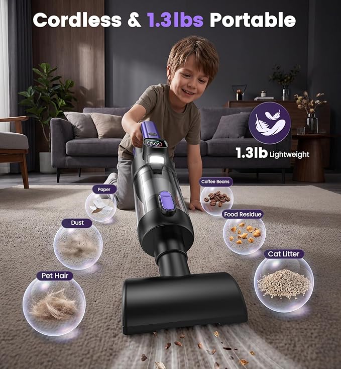 Car Vacuum Portable Cordless, 4-in-1 18000Pa Handheld Vacuum Cordless with LED Light, 120W Brushless Motor, 6000mAh Rechargeable Hand Mini Vacuum with Multi-Nozzles for Car, Home, Office & Pet Hair