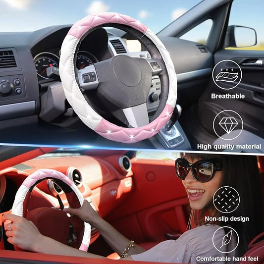 SuperKaKa Pink Steering Wheel Cover, Auto Cute Girly Car Interior Accessories Coquette Aesthetic Decoration Stuff
