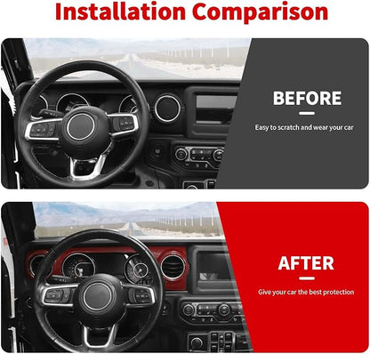 for JL Dashboard Decorative Panel Cover, Center Console Trim Cover Kit Compatible with 2018-2023 Jeep Wrangler JL JLU & Jeep Gladiator JT(Red Carbon Fiber)