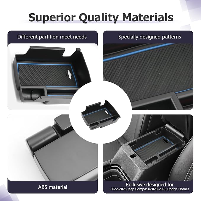 LUWU Center Console Organizer Compatible with Jeep Compass 2021-2025/Dodge Hornet 2023-2026 Accessories Armrest Console Storage Box Insert Tray ABS Material Coin Container Blue