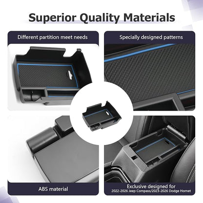 LUWU Center Console Organizer Compatible with Jeep Compass 2021-2025/Dodge Hornet 2023-2026 Accessories Armrest Console Storage Box Insert Tray ABS Material Coin Container Blue