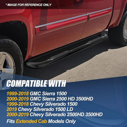 Auto Dynasty 3" Running Boards for 1999-2019 Chevy Silverado GMC Sierra 1500 2500HD 3500HD Extended Cab, Stainless Steel Nerf Bars, Black Powdercoated Non-Slip Side Steps