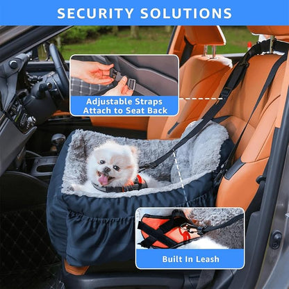 Oiilores Dog Car Seat for Small Dogs, Washable Pet Booster Seats for Car with Clip-On Safety Leash, Reversible Puppy Carseat with Storage Pockets, Travel Carrier Bed for Dogs Under 25 lbs, Blue