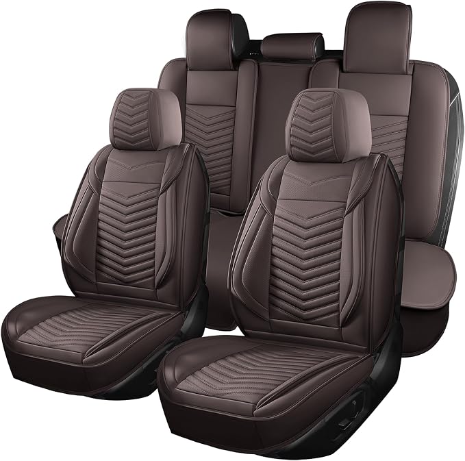 HChengkikz Nappa Leather Car Seat Covers Full Set, Brown Car seat Protector 5 Seats, Waterproof Car Seat Cushion, Universal Automotive Seat Covers Fit for SUV Truck Pick-up Sedan, Front and Rear