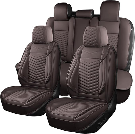 HChengkikz Nappa Leather Car Seat Covers Full Set, Brown Car seat Protector 5 Seats, Waterproof Car Seat Cushion, Universal Automotive Seat Covers Fit for SUV Truck Pick-up Sedan, Front and Rear