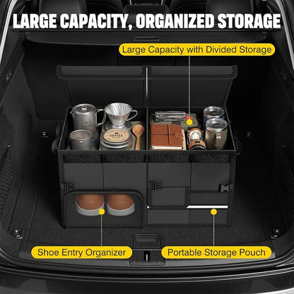 Foldable Car Trunk Organizer with Multi-Compartment – Expandable 30-60L Storage Bin, Side Mesh Pockets, Waterproof 600D Oxford Cloth, Car Accessories for SUV/Truck/Sedan, Grey, 23.6"x13.0"x11.8"
