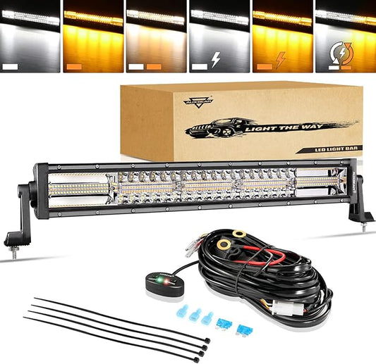 Auxbeam LED Light Bar 22 Inch 120W, 6 Modes Amber White Strobe LED Bar Dual Color Flood Spot Combo Fog Off Road Driving Work Light with 10FT Wiring Harness for Truck Boat Tractor ATV UTV Jeep Pickup