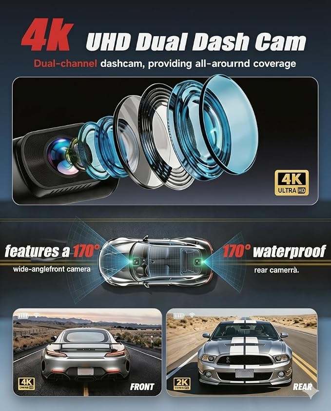 HKOIZBL 4K+2.5K Dash Cam Front and Rear, Built-in 5G WiFi, 32GB Card Included, 2'' IPS Screen Dash Camera for Cars, Starlight Night Vision, Dual Dashcam with WDR, Loop Recording, 24H Parking Monitor
