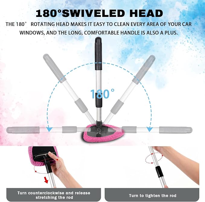 Windshield Cleaning Tool, Car Window Cleaner with Extendable Handle, 4 Microfiber Pads and Spray Bottle, Auto Interior Exterior Glass Wiper Cleaning Kit Universal for RV, SUV, Truck (Pink)
