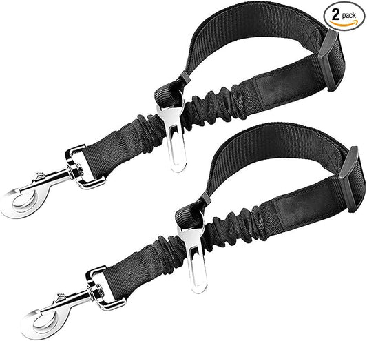 SunGrow Elastic Nylon Dog Seat Belt, 24” - 36”, Adjustable Black Harness, Elastic Tether with Metal Buckles, 2 Pcs per Pack