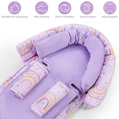 Infant Car Seat Insert with 2 Strap Pads, Carseat Cushion Baby Boy & Girl, Soft and Comfortable Carseat Head Support for Newborn, Purple Rainbow
